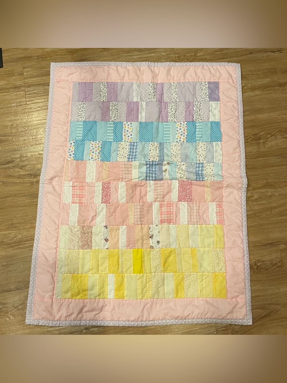 Vintage Baby Quilt • 33 X 43 inch • Pastels 1990s • OOAK Handmade